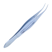 Castroviejo Style Colibri Forceps, (0.12mm) 1 x 2 Teeth Set At 45 Degrees, 6mm Tying Platform,  Serrated Wide Handle, Overall Length 4 1/4" (109mm) 